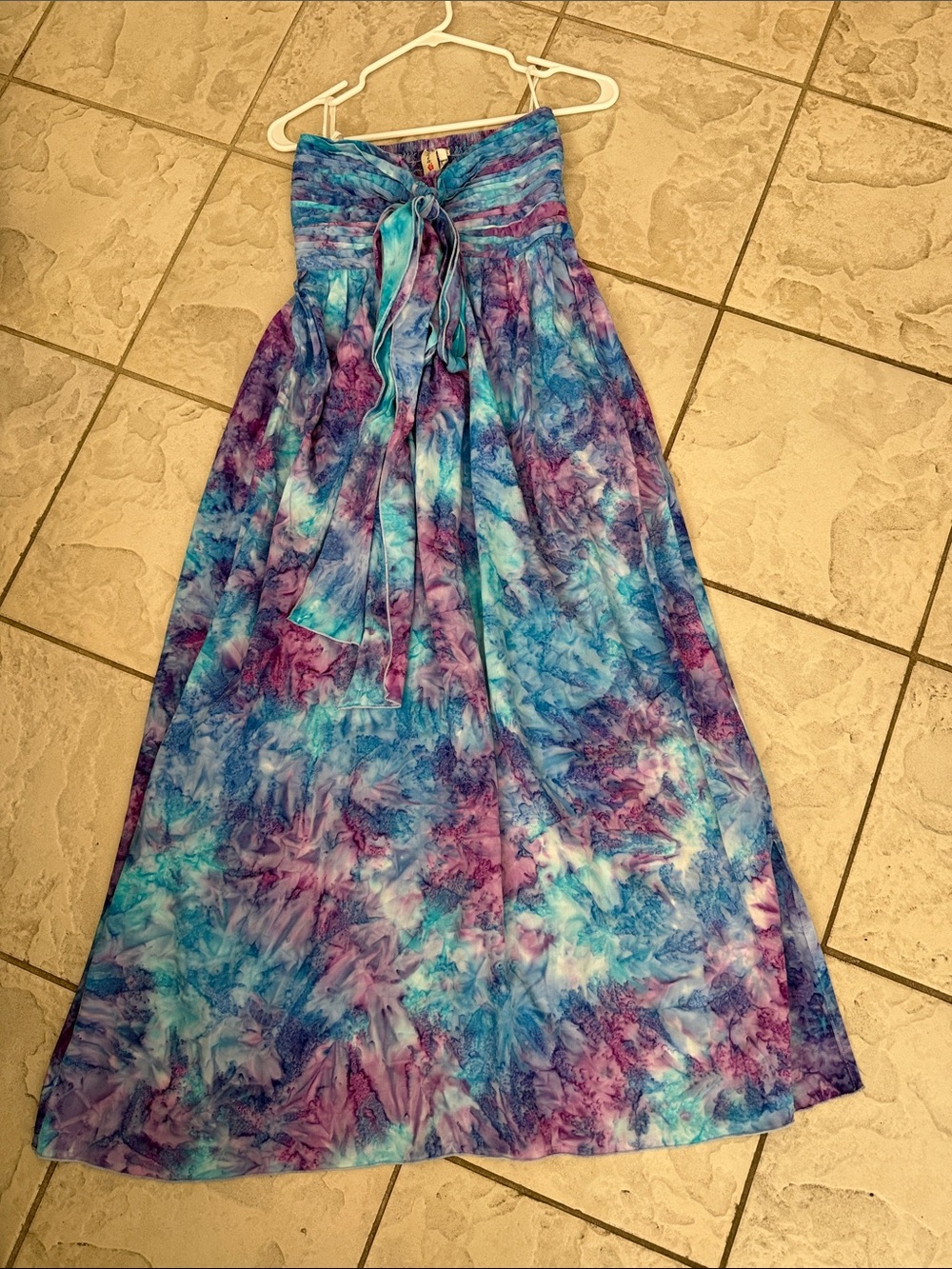 Strapless Tie-Dye Maxi Dress with Front Sash